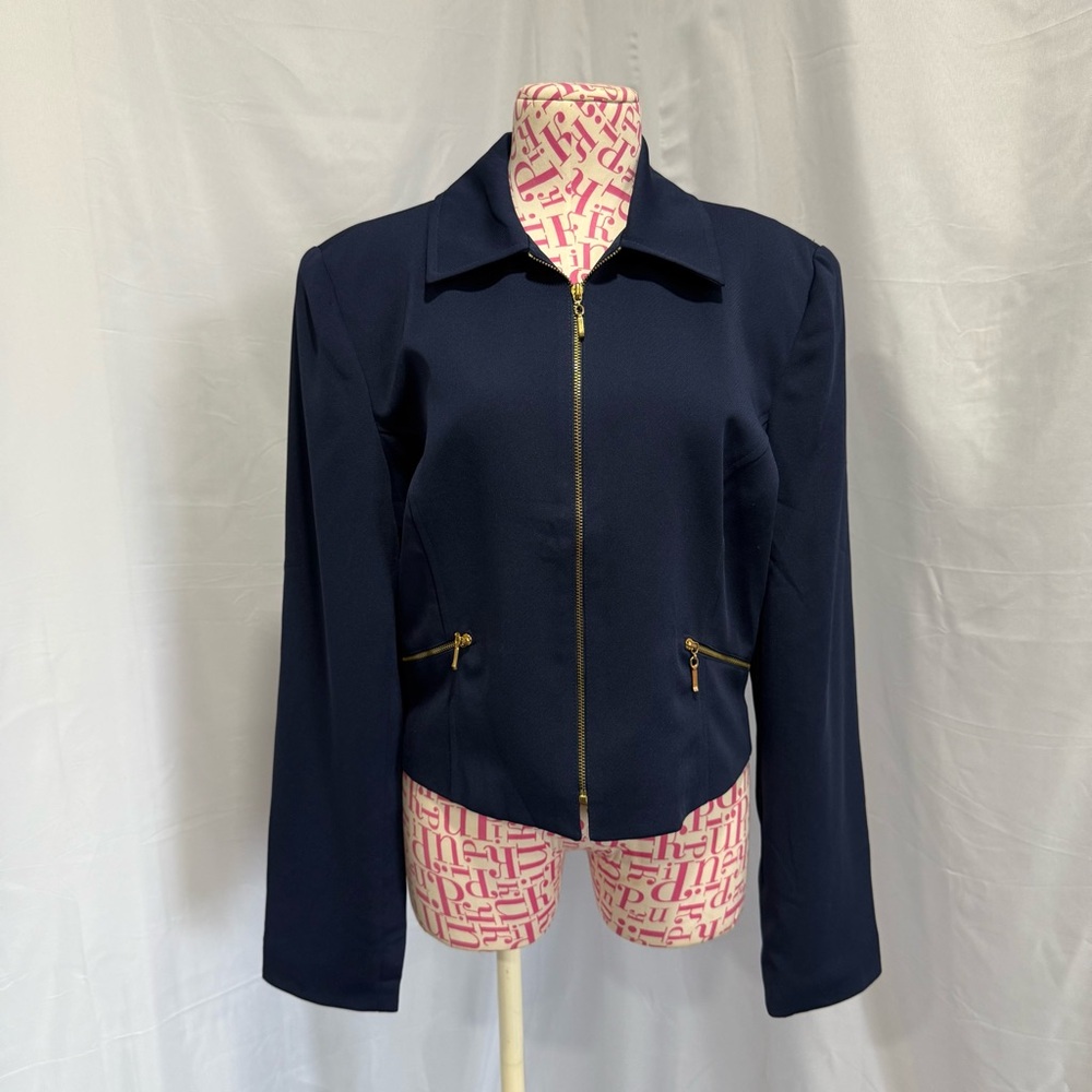 Vintage Y2K Georgiou Studio‎ Navy Blue Blazer Zipper Jacket Size 10 Officewear